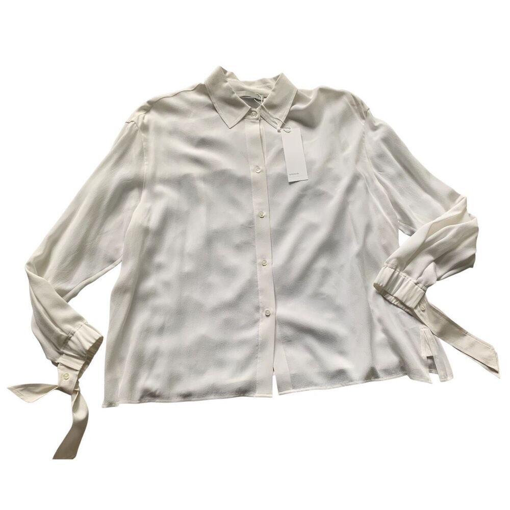 NEW NWT Vince 100% Silk Tie Cuff Classic off white Blouse Shirt Top sz M $295